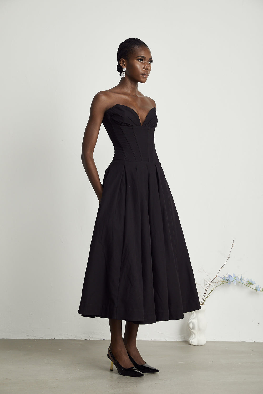 KATHERINE OFF-SHOULDER CORSET MIDI DRESS