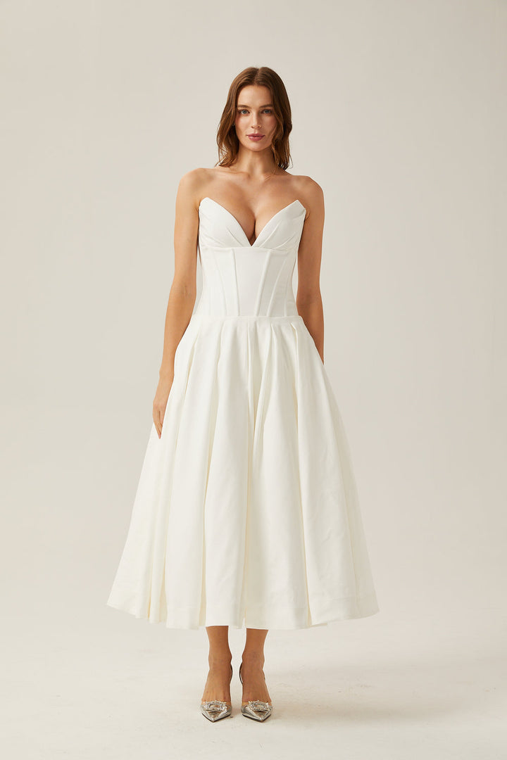 KATHERINE OFF-SHOULDER CORSET MIDI DRESS