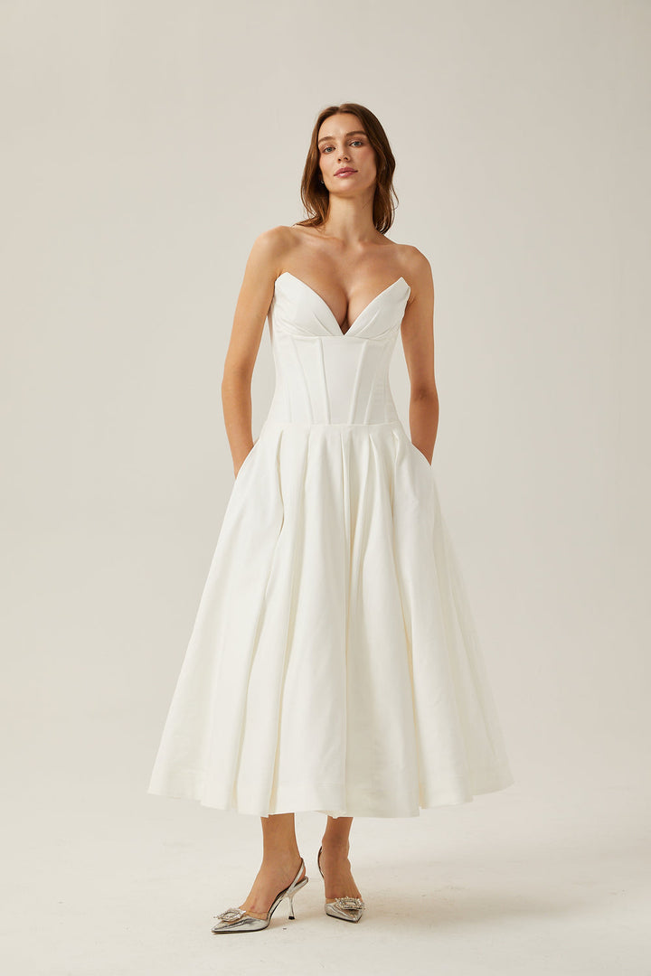 KATHERINE OFF-SHOULDER CORSET MIDI DRESS