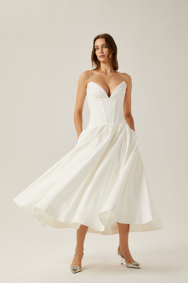 KATHERINE OFF-SHOULDER CORSET MIDI DRESS