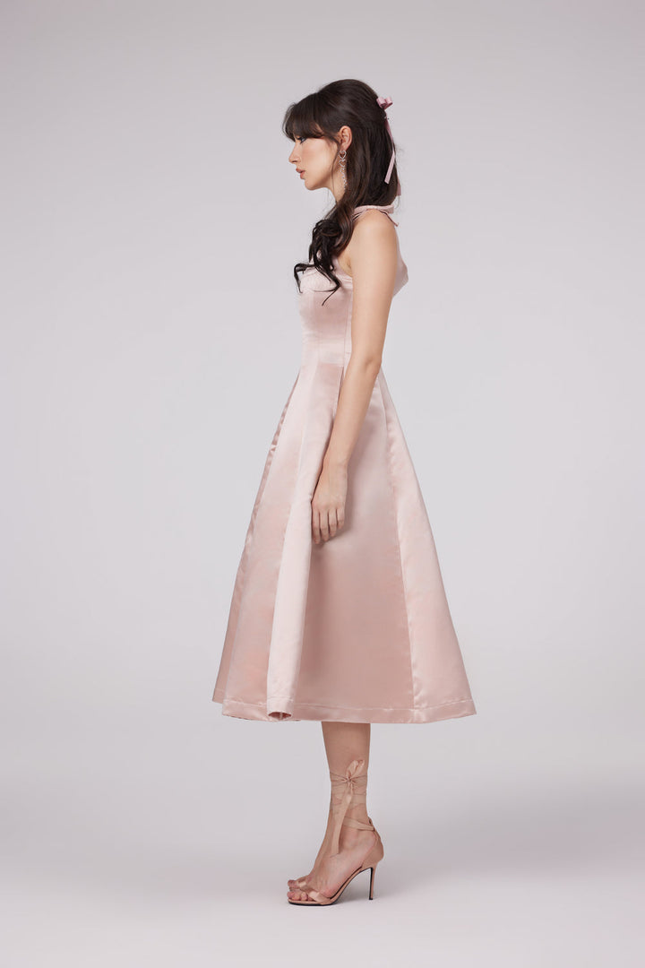 Coralie pink bowknot pleated midi dress