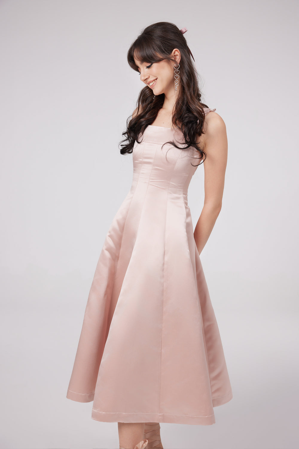 Coralie pink bowknot pleated midi dress