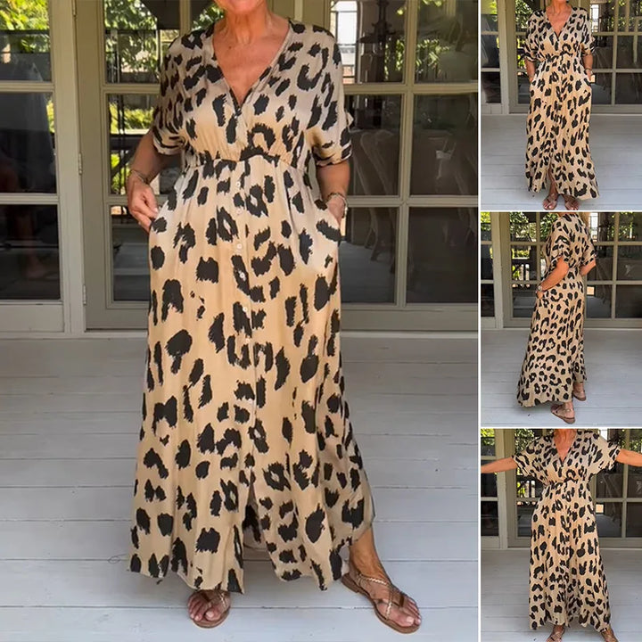 Elegant Leopard V Neck Dress